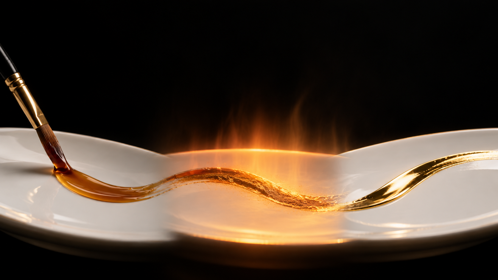 Concept image of a brown gold-liquid stroke becoming a bright gold line on ceramic