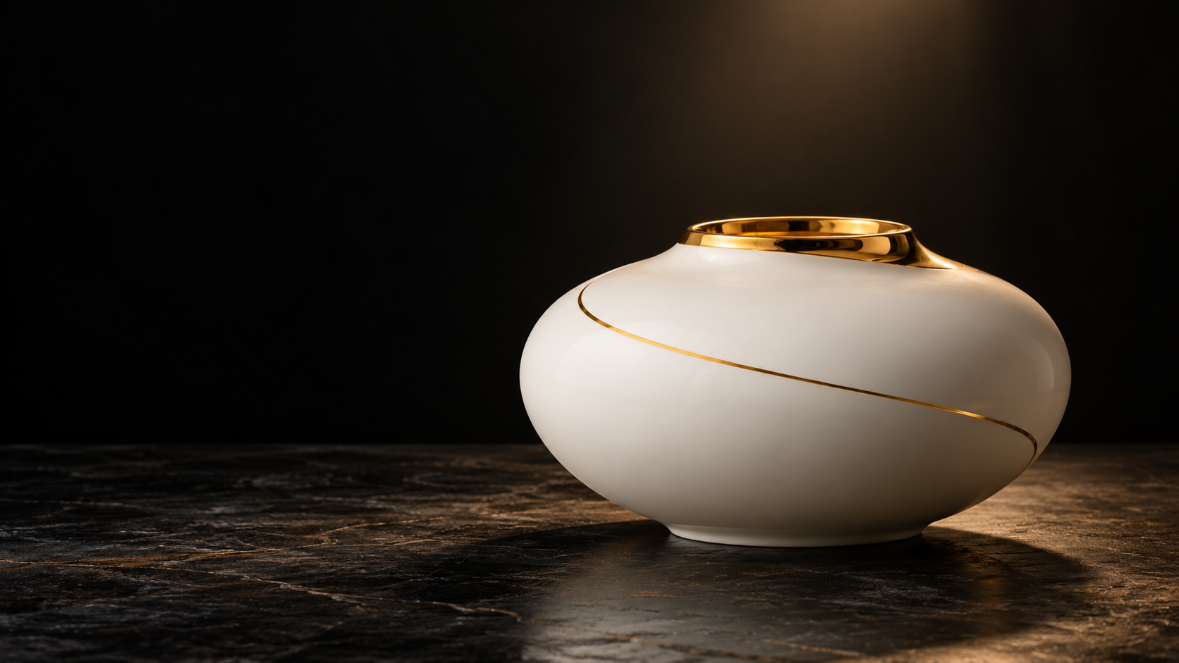 White porcelain vessel with mirror-like gold decoration